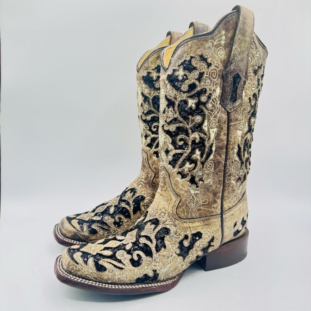 Corral Sequin Inlay Boots Women's Size 7.5 M Brown‎ Leather Rhinestones Studded